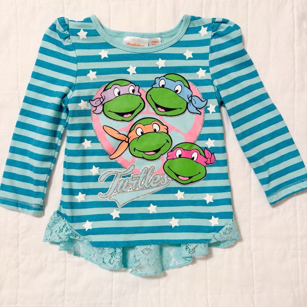 Ninja Turtles Girls 3T Shirt 2015 Long Sleeve Lace Bottom. Blue. Nickelodeon‎